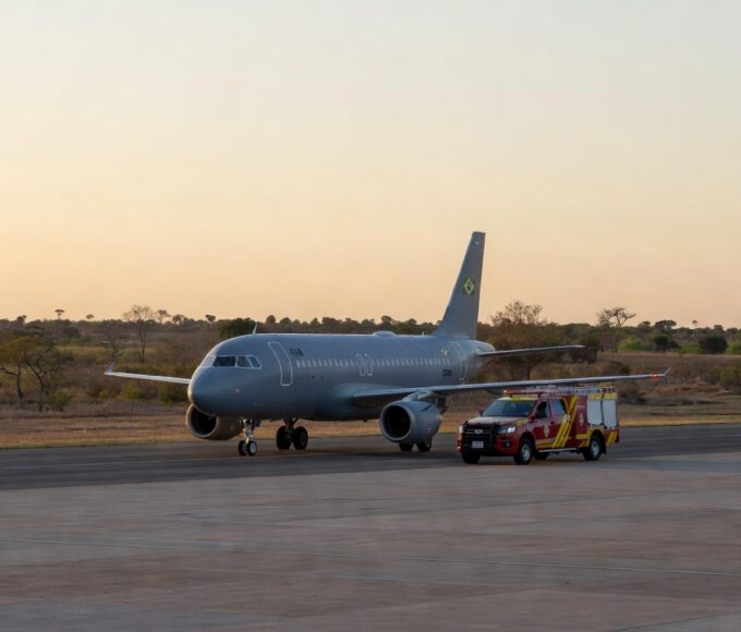 Aeronave da FAB e viatura de bombeiros no transporte de coração de Goiânia para Brasília