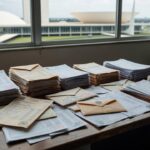 Contas de luz e água com documentos oficiais sobre mesa no DF