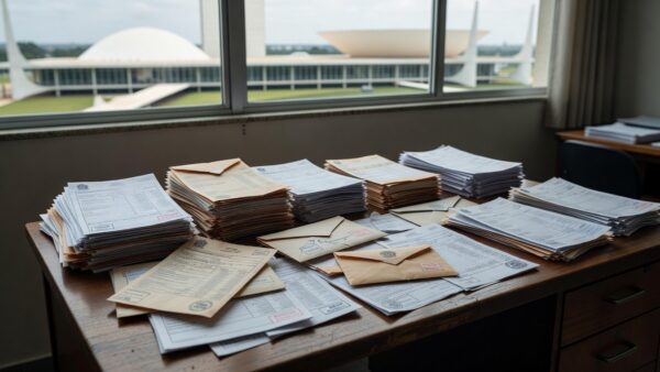 Contas de luz e água com documentos oficiais sobre mesa no DF