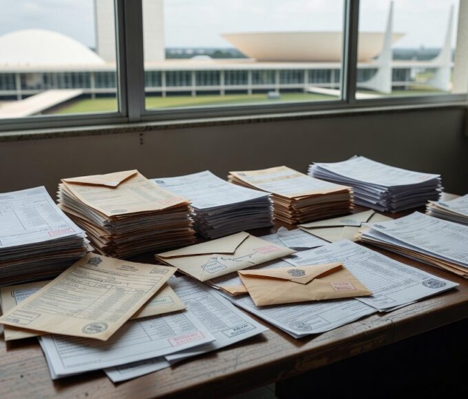 Contas de luz e água com documentos oficiais sobre mesa no DF