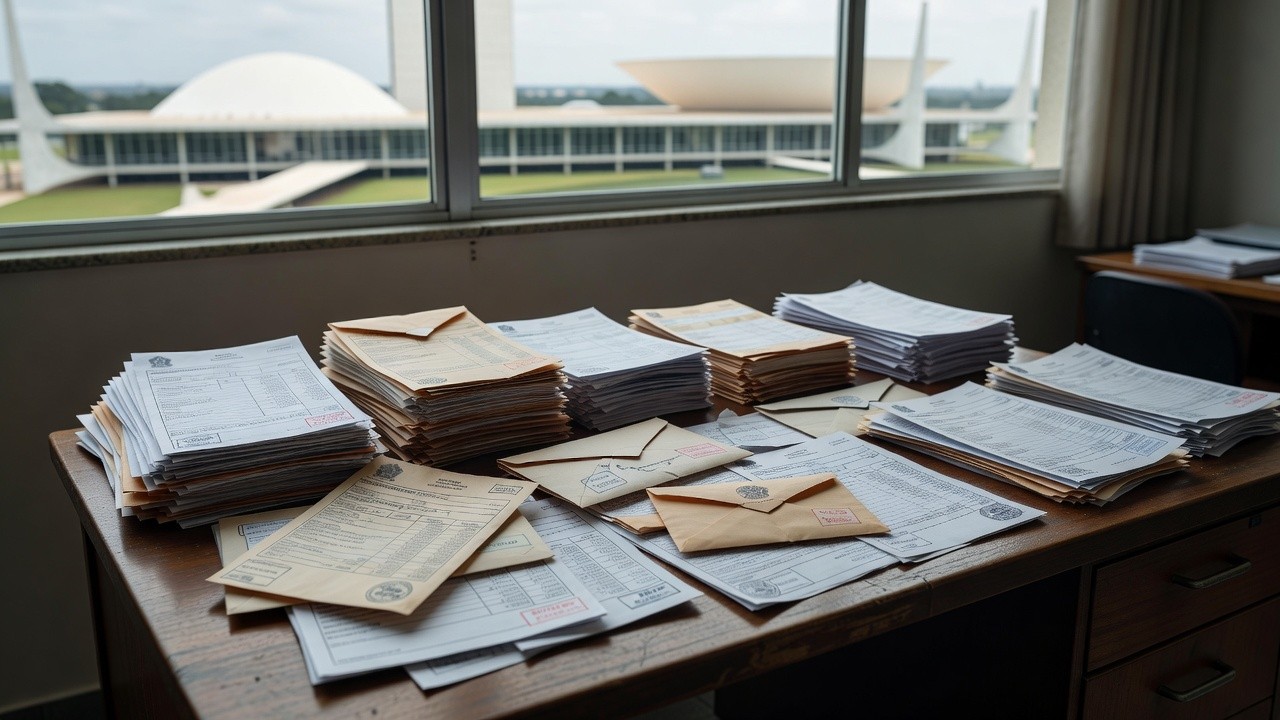 Contas de luz e água com documentos oficiais sobre mesa no DF
