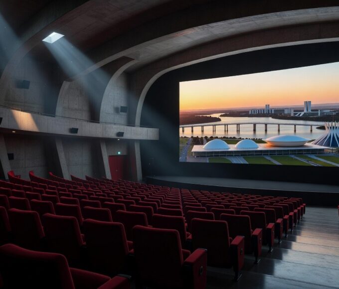 Interior de cinema em Brasília exibindo propaganda turística na tela