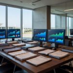 Sala corporativa de banco brasileiro com documentos e gráficos de gestão de ativos