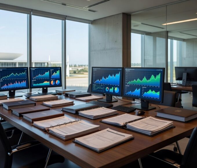 Sala corporativa de banco brasileiro com documentos e gráficos de gestão de ativos
