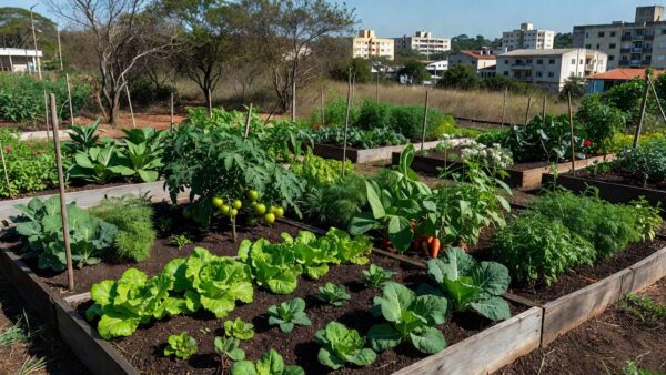Horta comunitária no Guará com plantações de vegetais gerando alimento e renda para famílias