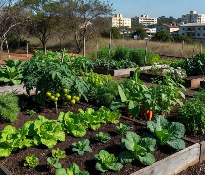 Horta comunitária no Guará com plantações de vegetais gerando alimento e renda para famílias