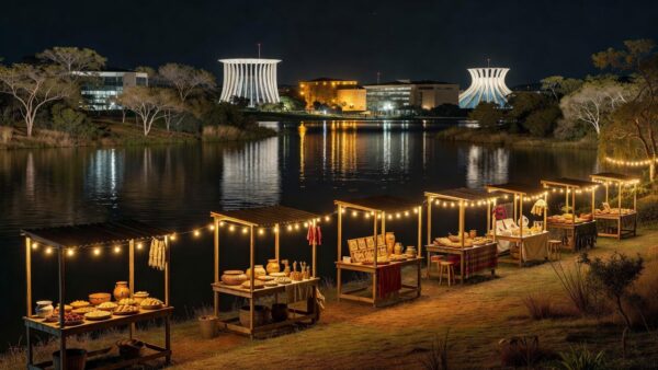 Feira da Lua no Lago Sul em Brasília com barracas iluminadas celebrando 25 anos.