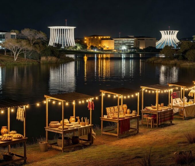 Feira da Lua no Lago Sul em Brasília com barracas iluminadas celebrando 25 anos.