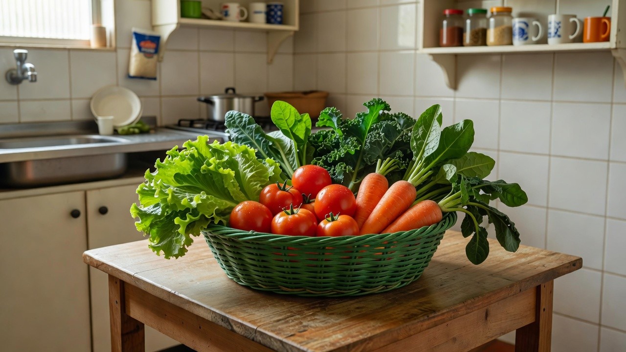 Cesta verde com vegetais frescos do programa Cartão Prato Cheio no DF