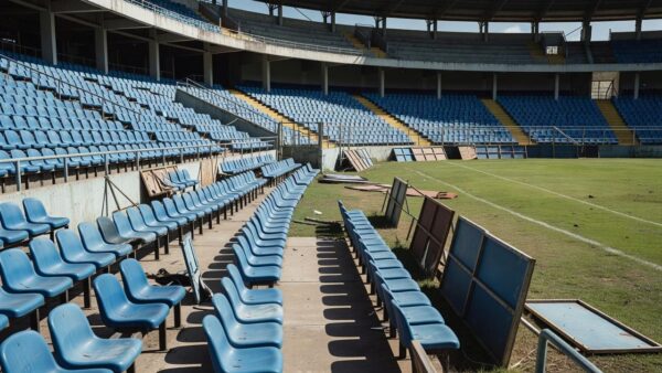 Setor do Estádio Bezerrão com cadeiras desalinhadas e barreiras danificadas após confusão entre torcedores.