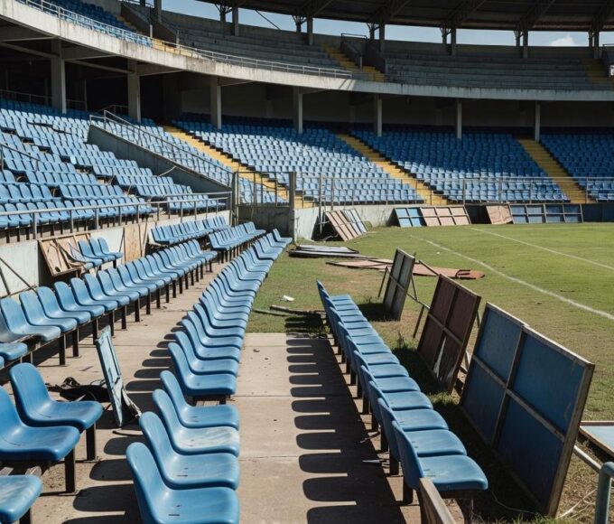Setor do Estádio Bezerrão com cadeiras desalinhadas e barreiras danificadas após confusão entre torcedores.