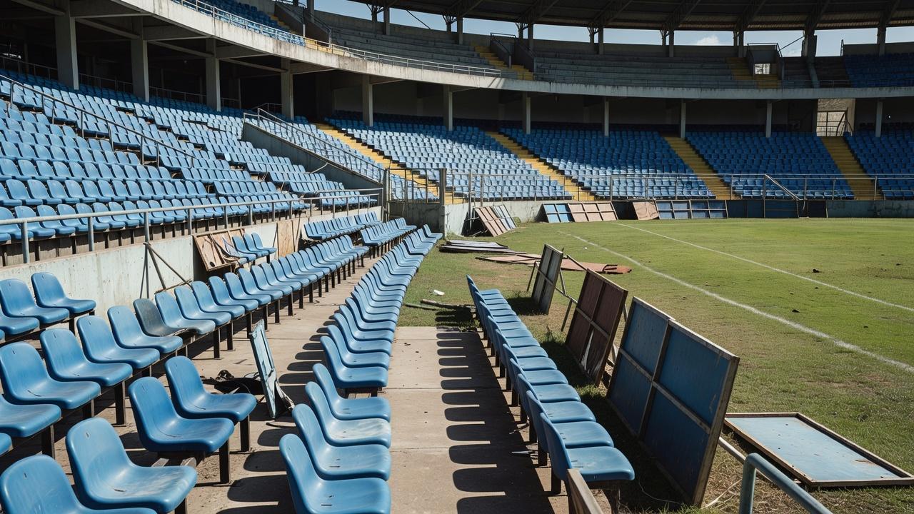 Setor do Estádio Bezerrão com cadeiras desalinhadas e barreiras danificadas após confusão entre torcedores.