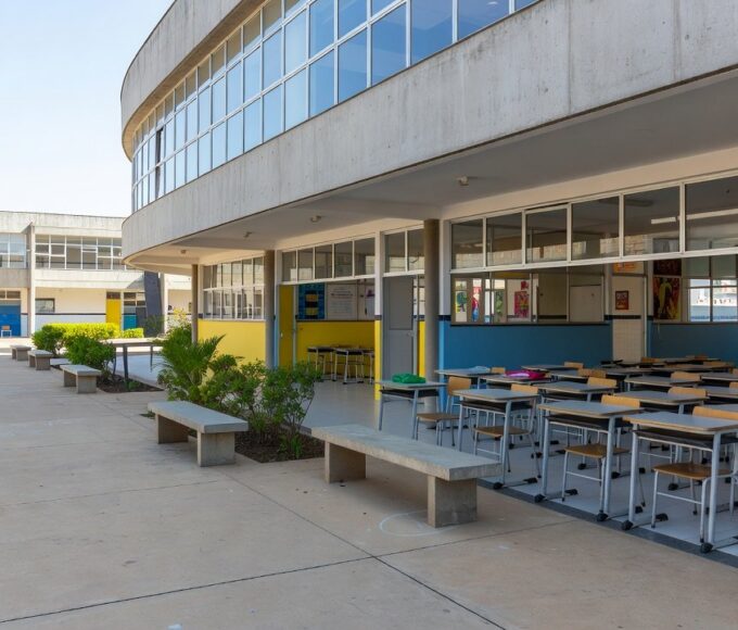 Escola pública em Brasília com carteiras vazias no retorno às aulas na rede do DF