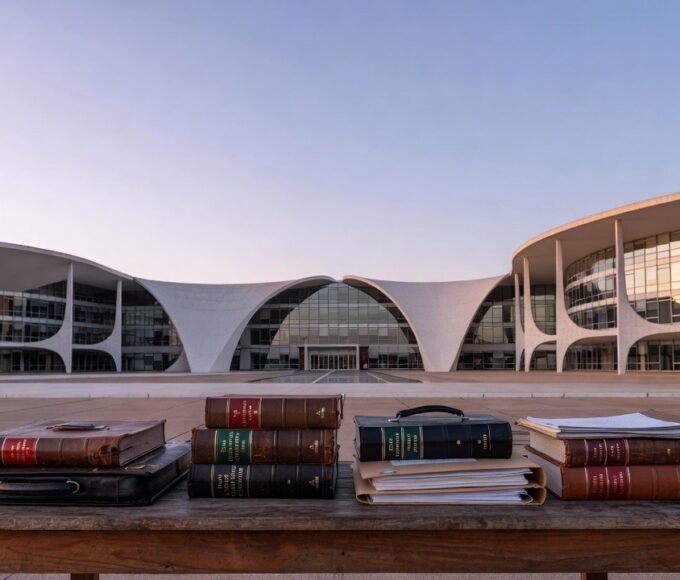 Campus universitário em Brasília com livros de Direito representando bolsas da Defensoria Pública do DF