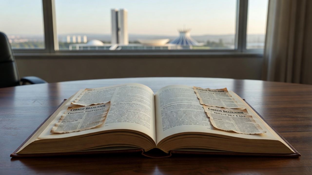 Livro aberto com biografias do Correio Braziliense em mesa de escritório