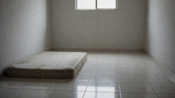 Quarto simples em Brasília com colchão no chão e espaço vazio para móveis