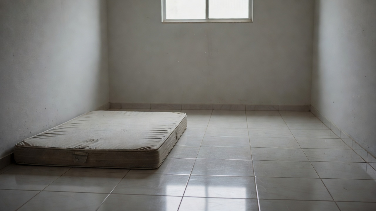 Quarto simples em Brasília com colchão no chão e espaço vazio para móveis