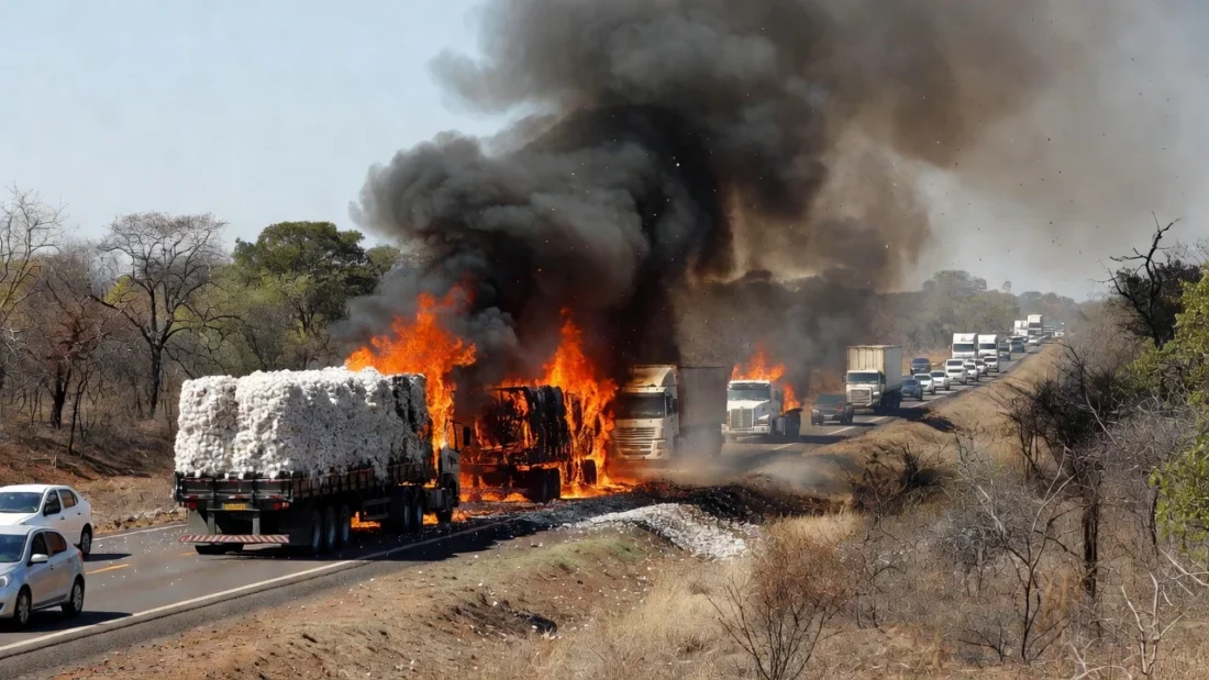 Carretas de algodão incendiadas interditando a DF-130 no Distrito Federal