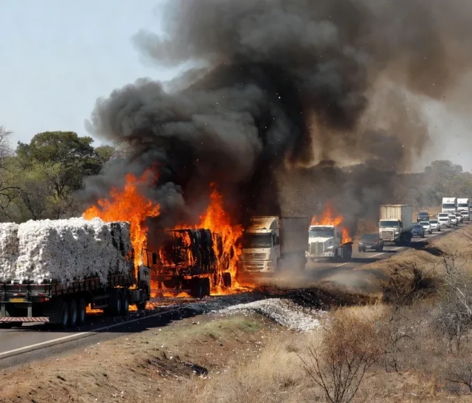 Carretas de algodão incendiadas interditando a DF-130 no Distrito Federal