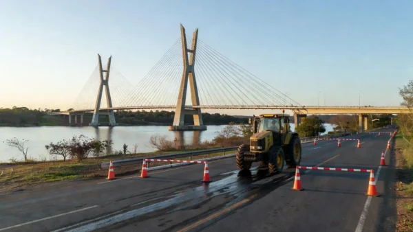vazamento ocorreu em um trator de uma empresa que realizava serviços de manutenção na ponte Foto: Reprodução/Redes sociais - Foto: Reprodução/Redes sociais