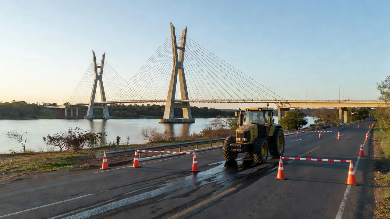 vazamento ocorreu em um trator de uma empresa que realizava serviços de manutenção na ponte Foto: Reprodução/Redes sociais - Foto: Reprodução/Redes sociais