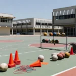 Quadra esportiva em escola do DF com equipamentos de Educação Física