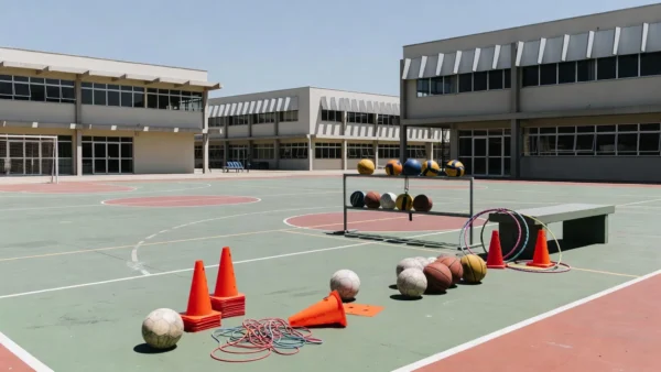 Quadra esportiva em escola do DF com equipamentos de Educação Física