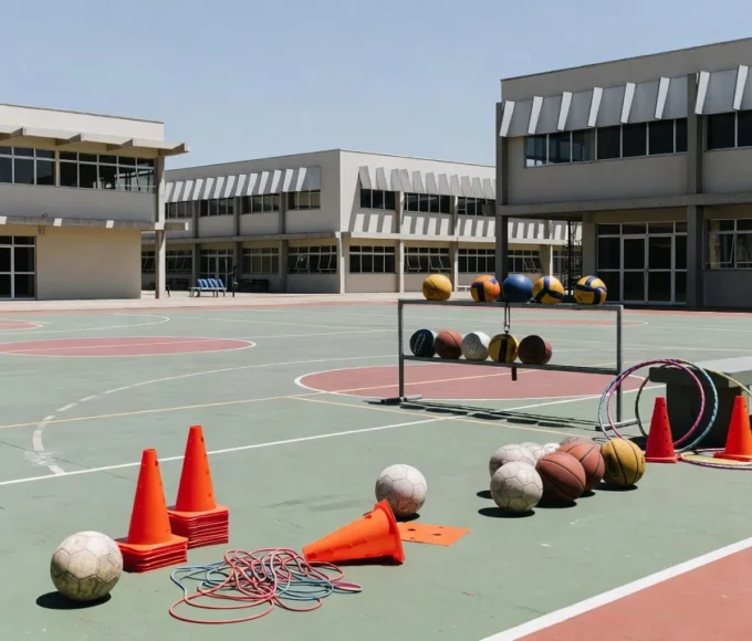 Quadra esportiva em escola do DF com equipamentos de Educação Física