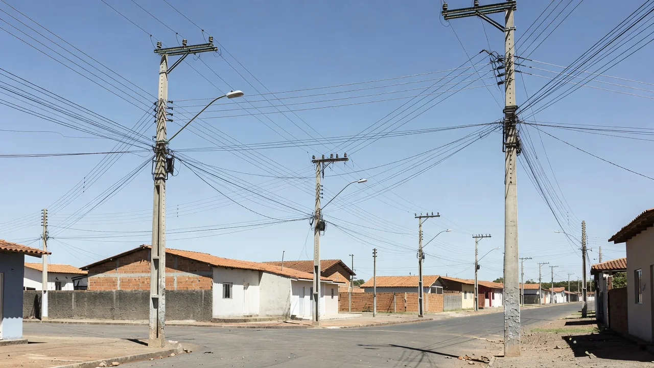Postes e cabos de energia em bairro residencial de Brasília durante corte programado