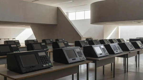 Urnas eletrônicas em seção eleitoral no DF para eleição 2026
