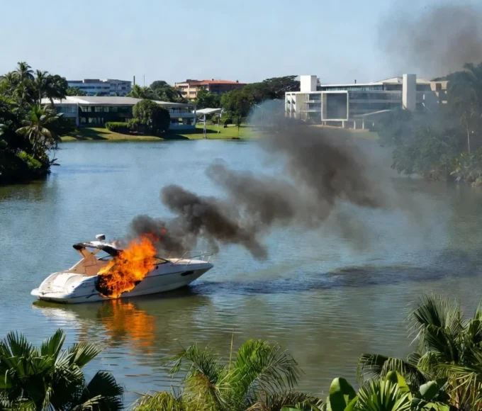 Lancha em chamas no Lago Sul, Brasília, controlada antes da chegada dos bombeiros
