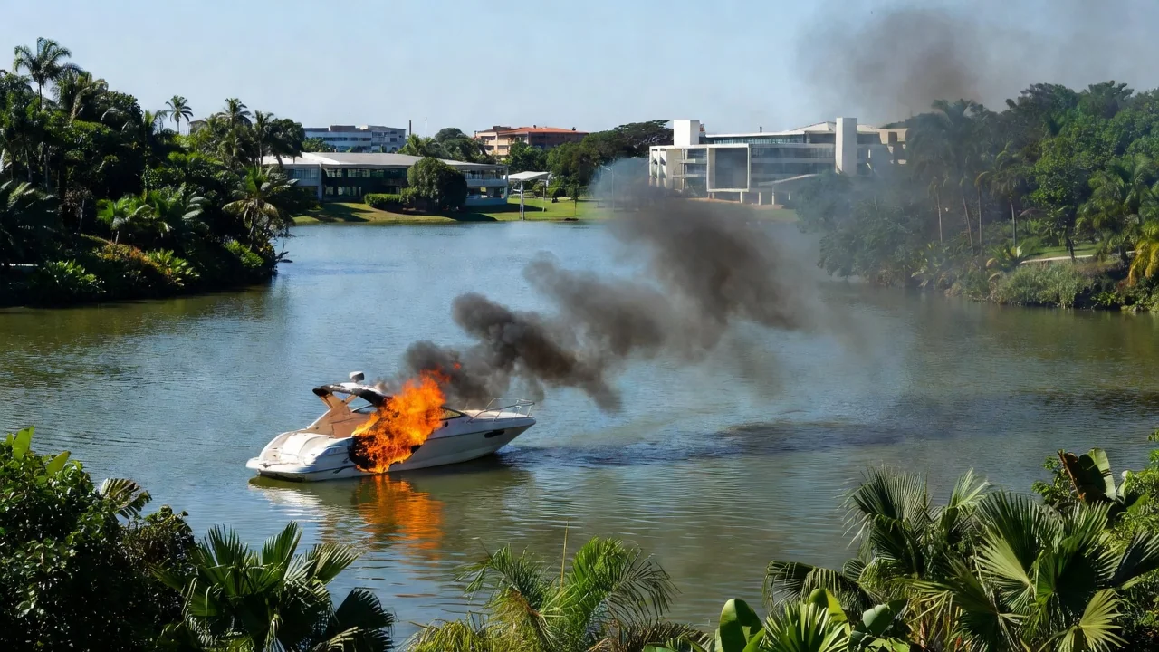 Lancha em chamas no Lago Sul, Brasília, controlada antes da chegada dos bombeiros