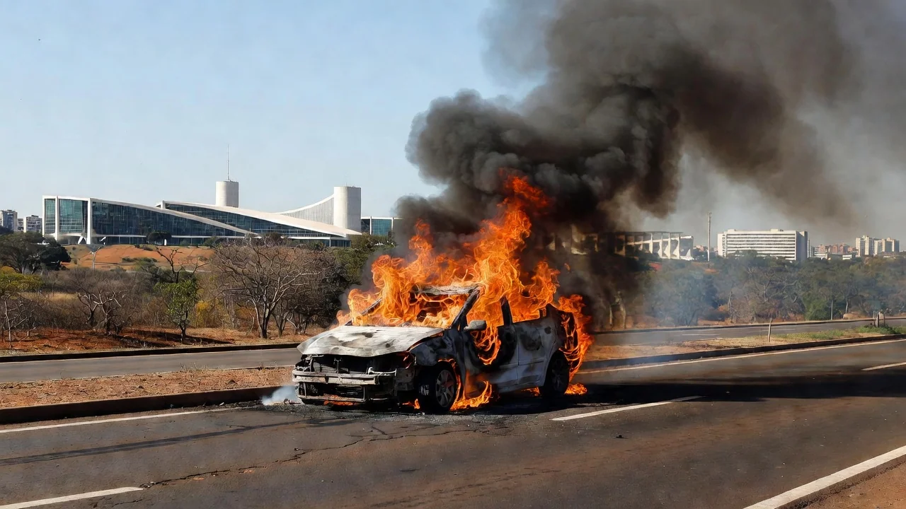 Carro em chamas em rodovia do Distrito Federal