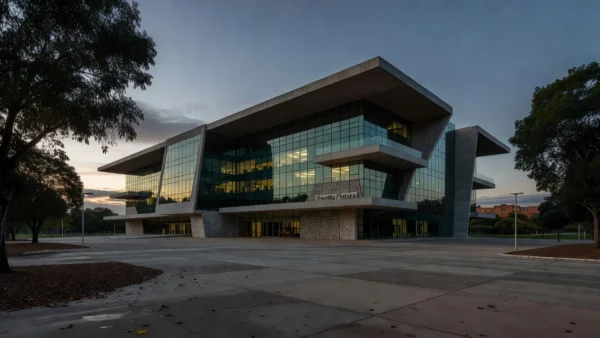 Edifício da Receita Federal em Brasília ao entardecer, simbolizando morte de auditor fiscal.