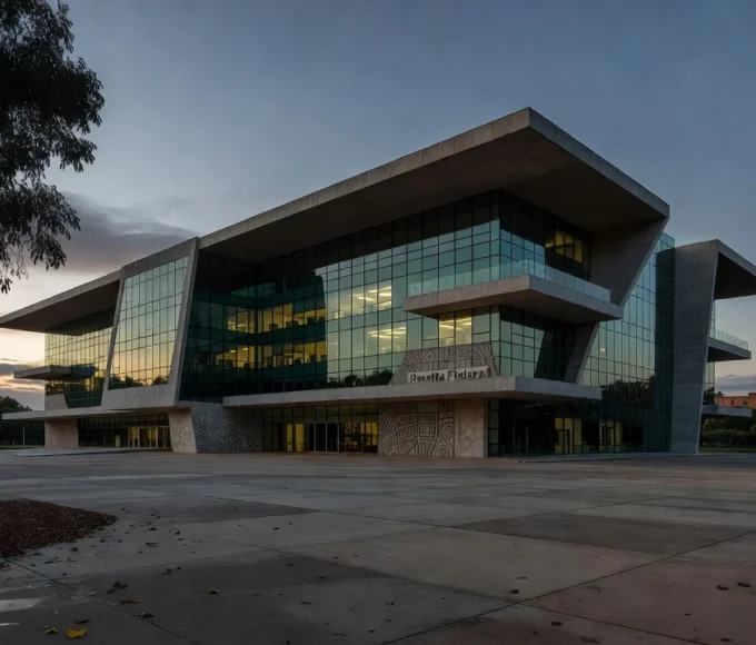 Edifício da Receita Federal em Brasília ao entardecer, simbolizando morte de auditor fiscal.