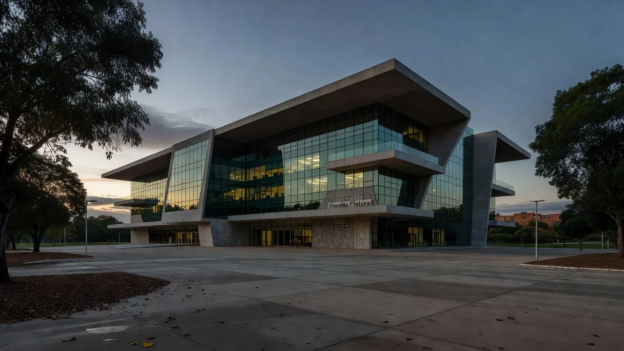 Edifício da Receita Federal em Brasília ao entardecer, simbolizando morte de auditor fiscal.