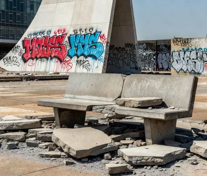 Bem público vandalizado em Brasília com danos e pichações