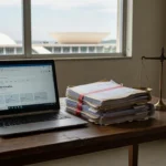 Notebook com anúncios online e documentos judiciais em escritório no Brasil