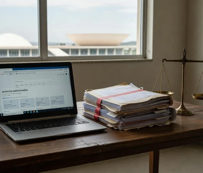 Notebook com anúncios online e documentos judiciais em escritório no Brasil