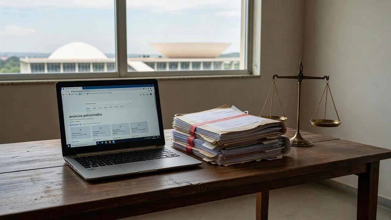 Notebook com anúncios online e documentos judiciais em escritório no Brasil