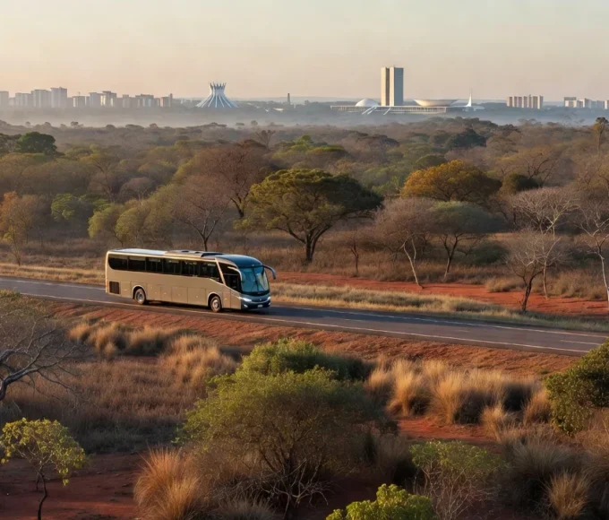 Ônibus em rodovia do cerrado do DF ao amanhecer, simbolizando viagens gratuitas do Sesc-DF para adolescentes.