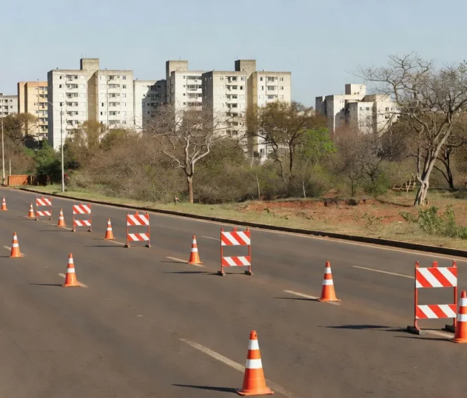 Restrições de trânsito em Ceilândia com barreiras e sinalização nas ruas