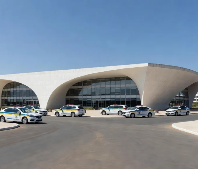 Delegacia de polícia em Brasília com viaturas, caso de agressão infantil