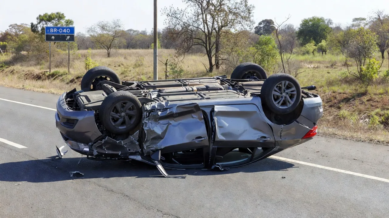 Carro capotado na BR-040 em Santa Maria após acidente