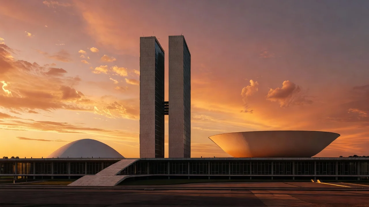 Congresso Nacional em Brasília ao entardecer, cenário político do GDF