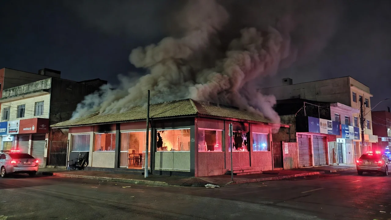 Incêndio em pizzaria em Taguatinga, Brasília, madrugada