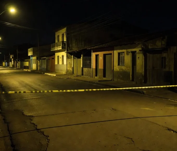 Rua vazia em Goiás com fita de isolamento policial em cena noturna