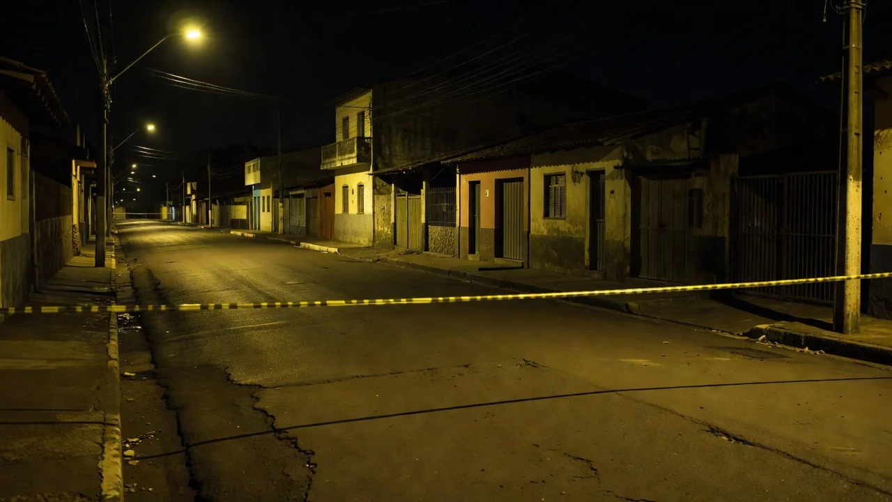 Rua vazia em Goiás com fita de isolamento policial em cena noturna