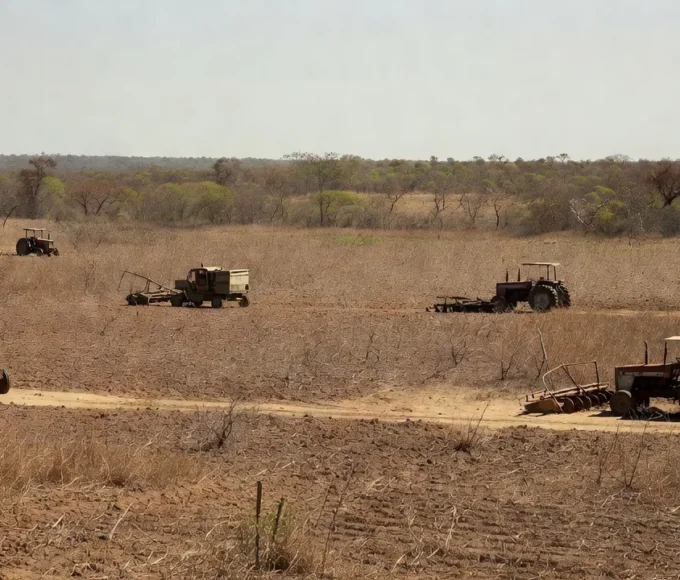 Paisagem rural no DF com campos de cultivo e equipamentos parados, representando estagnação agrícola