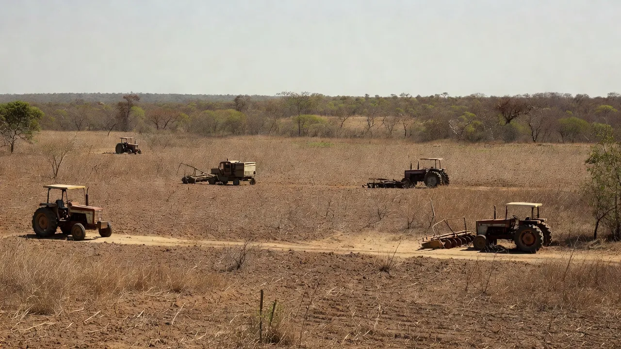Paisagem rural no DF com campos de cultivo e equipamentos parados, representando estagnação agrícola